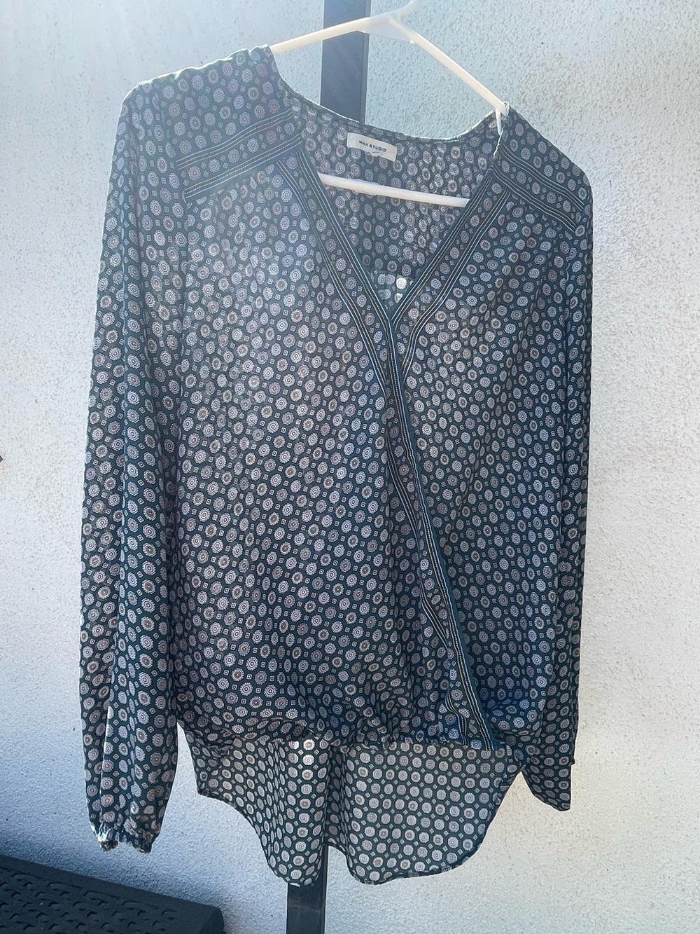 Max Studio Navy Printed Long-Sleeve Wrap Blouse